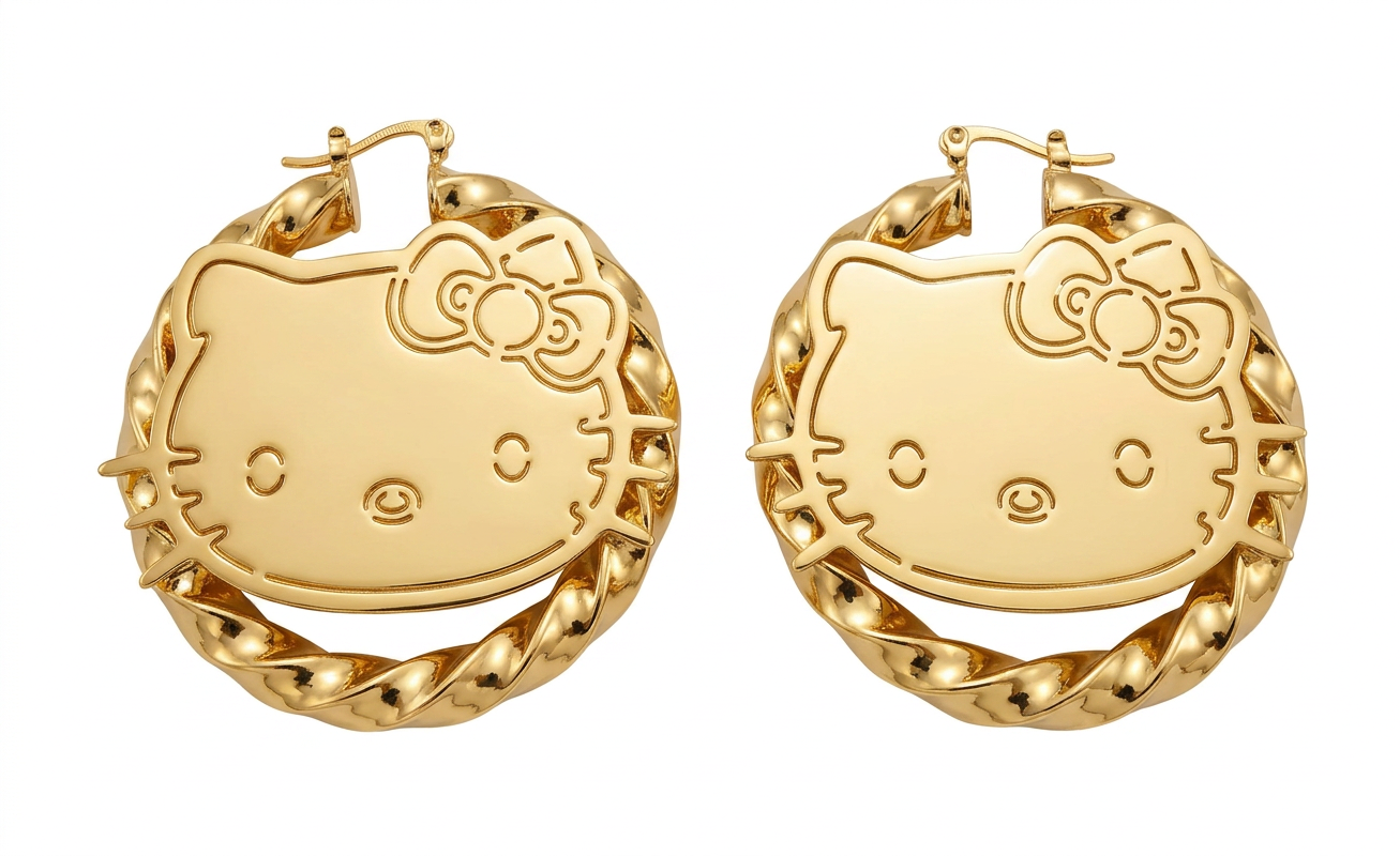 Gold Hello Kitty twisted hoop earrings